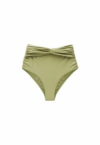 Bikiny s vyšším pásom v olivovo zelenej farbe, so skrúteným predným dizajnom a hladkou textúrou s kontrastným prešívaním.