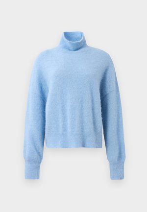 Lichtblauwe, korte turtleneck trui gemaakt van zachte, gestructureerde stof met lange mouwen en geribbelde manchetten voor extra detail.