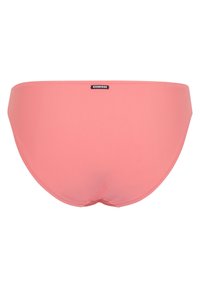 Rosa Bikini-Unterteil mit glatter Textur, Etikett auf der Rückseite und minimalistischem Design. Verfügt über eine nahtlose Verarbeitung für zusätzlichen Komfort.