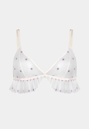 Przezroczysty biały biustonosz z cienkimi ramiączkami, fioletowym haftem w kwiaty i falbaną z siateczki wzdłuż dolnej krawędzi.