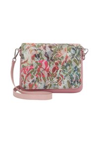 Borsa rettangolare compatta con parte anteriore in tessuto a fantasia floreale e base in pelle sintetica rosa, dotata di tracolla removibile e hardware in argento.