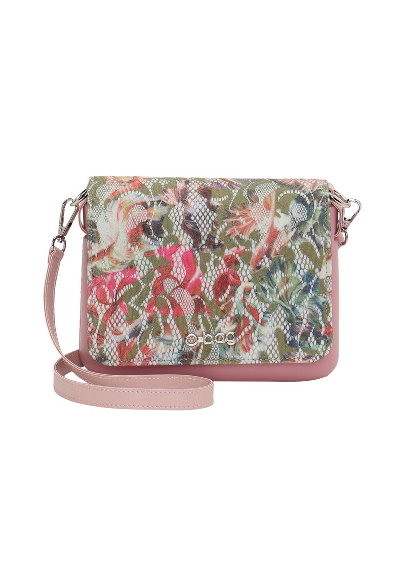 Borsa rettangolare compatta con parte anteriore in tessuto a fantasia floreale e base in pelle sintetica rosa, dotata di tracolla removibile e hardware in argento.