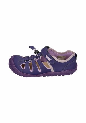 Purple children's closed-toe sandal with adjustable hook-and-loop strap and elastic lacing for secure fit, displayed on white background.