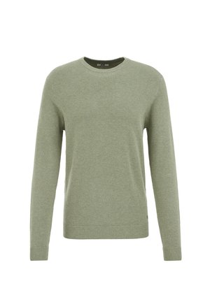 Maglione lavorato a maglia verde chiaro con maniche lunghe, collo rotondo e motivo testurizzato. Polsini e orlo a costine per un tocco di dettaglio in più.
