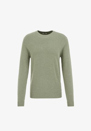 Jersey de punto verde claro con mangas largas, cuello redondo y patrón texturizado. Puños y dobladillo acanalados para un detalle adicional.