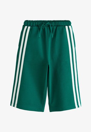 Grønne sportsshorts med hvide sidestriber og en elastisk talje med en snøre foran.