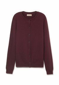 Burgundy ullkofta med rund halsringning, långa ärmar och en knappstängning framtill med sex matchande knappar. Slät textur och minimalistisk design.