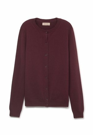 Burgundy ullkofta med rund halsringning, långa ärmar och en knappstängning framtill med sex matchande knappar. Slät textur och minimalistisk design.