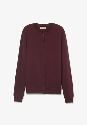 Burgundy ullkofta med rund halsringning, långa ärmar och en knappstängning framtill med sex matchande knappar. Slät textur och minimalistisk design.