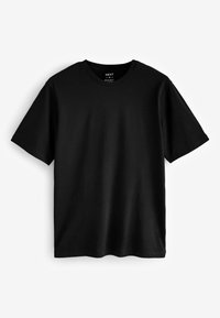 Fekete pamut rövid ujjú póló, kerek nyakkivágással és sima textúrával. Mintázat vagy grafika nélkül, minimalista dizájn.