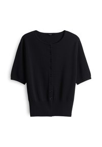 Black short-sleeve cardigan made from soft knit fabric, featuring a round neckline and a buttoned front with six buttons.