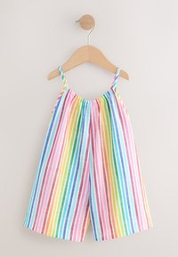 Gestreepte romper van katoen, met kleurrijke verticale strepen in roze, blauw, groen en geel; heeft dunne schouderbandjes en een elastische halslijn.