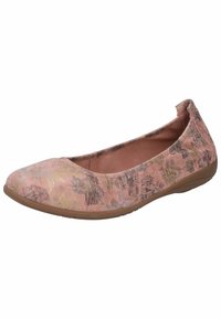 Zapato plano de tela suave con estampado floral en rosa, puntera redondeada y suela texturizada. El diseño incluye sutiles acentos metálicos.