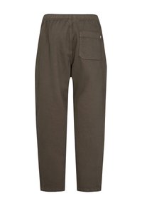 Buks i en bomuldsblanding i mørkegrå med en elastisk talje og en enkelt baglomme. Benene er tapered med en opsmøg.