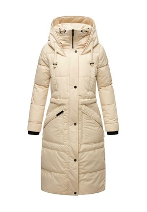 Beige gewatteerde jas met een capuchon, ritsluiting, twee voorkoeken, elastische manchetten en trekkoorden. Kenmerkt zich door een gewatteerde textuur en heeft een gemiddelde lengte.