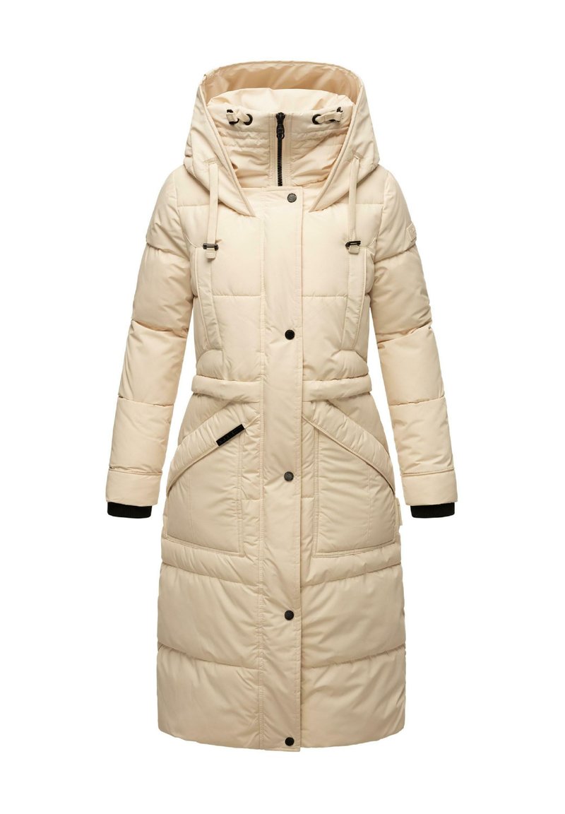 Beige vadderad jacka med huva, dragkedjestängning, två framfickor, elastiska ärmslut och dragsnören. Har en quiltad struktur och medellängd.