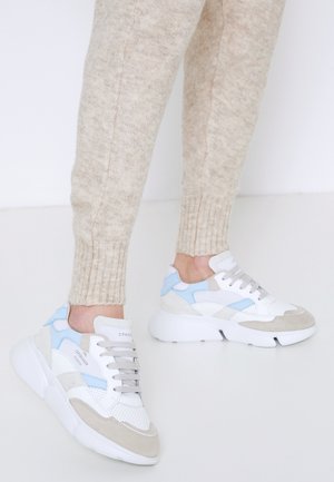 Ben klædt i beige strikkede bukser og iført hvide, lyseblå og beige chunky sneakers på en ensfarvet hvid gulv.