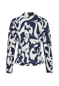 Tumesinise ja valge abstraktse mustriga jakk tikk-kraega, pikkade varrukatega ja kohandatud istuvusega. Tagaküljel on lõhik liikumise hõlbustamiseks.