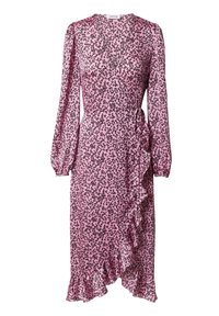 Rosa Kleid mit schwarzem Blumenmuster, langen Ärmeln, V-Ausschnitt und Rüschendetail an der Seite. Hergestellt aus leichtem Stoff mit einem fließenden Design.