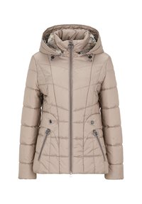 Beżowa pikowana kurtka z kapturem, z zamkiem błyskawicznym z przodu i dwoma kieszeniami zapinanymi na zamek. Posiada pikowaną fakturę i kontrastową podszewkę wewnętrzną.