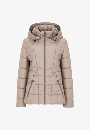 Beige Steppjacke mit Kapuze, Reißverschluss vorne und zwei Reißverschlusstaschen. Verfügt über eine gesteppte Textur und ein kontrastierendes Innenfutter.