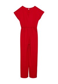 Combinaison rouge avec des manches à capuchon, taille élastique et détail en trou de serrure au dos. Fabriquée en tissu texturé, avec un pantalon large.