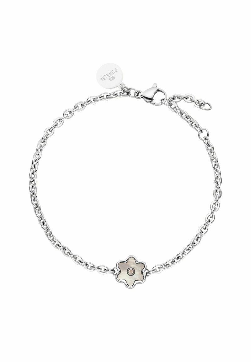 Bracelet chaîne en argent avec un petit pendentif en forme de fleur présentant un centre en nacre et une pierre précieuse claire au centre.