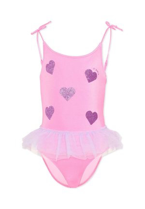 Costume da bagno rosa per bambini con spalline regolabili annodate, cuori viola glitterati e una gonna in tulle rosa chiaro attaccata in vita.