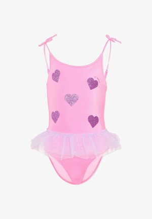 Costume da bagno rosa per bambini con spalline regolabili annodate, cuori viola glitterati e una gonna in tulle rosa chiaro attaccata in vita.