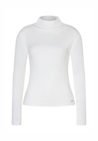 Witte geribbelde lange mouwen coltrui met een aansluitende pasvorm. Heeft een geribbeld oppervlak en een klein metallic logo-accent aan de onderkant.