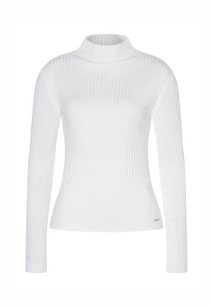 White ribbed long-sleeve turtleneck sweater with a fitted silhouette. Features a ribbed texture and a small metallic logo accent at the hem.