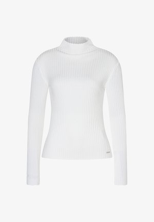 White ribbed long-sleeve turtleneck sweater with a fitted silhouette. Features a ribbed texture and a small metallic logo accent at the hem.