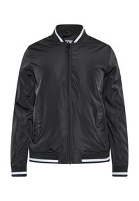 Mustmust mustriga jope, millel on sile ja läikiv materjal. Omab esimest tõmblukku, kahte külgtaskut ja triibuline esi- ning mansetikorv.