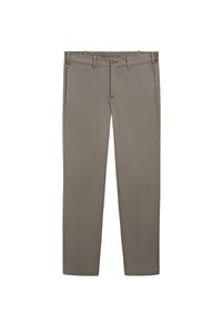 Grijze katoenen chinos met vier zakken, riemlussen, een knoopsluiting en een recht ontwerp. Gladde textuur en casual pasvorm.