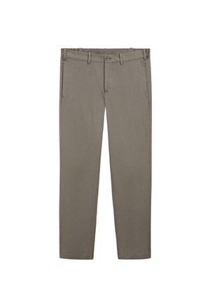 Grijze katoenen chinos met vier zakken, riemlussen, een knoopsluiting en een recht ontwerp. Gladde textuur en casual pasvorm.