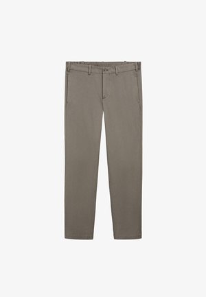 Gray cotton chinos with four pockets, belt loops, a button closure, and a straight-leg design. Smooth texture and casual fit.