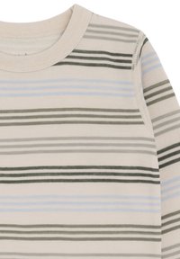 Langarmshirts mit Rundhalsausschnitt und horizontalen Streifen in Beige, Hellblau und dunkelgrau-grünen Tönen.