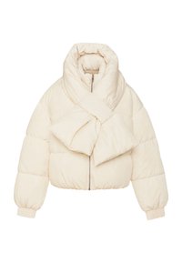 Giubbotto imbottito corto color crema, con ampio colletto avvolgente, chiusura a zip e polsini elasticizzati per una vestibilità comoda.