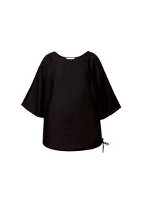 Blusa nera con maniche ampie a farfalla e scollatura rotonda. Presenta un dettaglio con lacci sul lato per una vestibilità regolabile. Tessuto morbido e liscio.