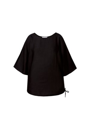 Black blouse with wide, flutter sleeves and a rounded neckline. Features a tie detail at the side for adjustable fit. Soft, smooth fabric.