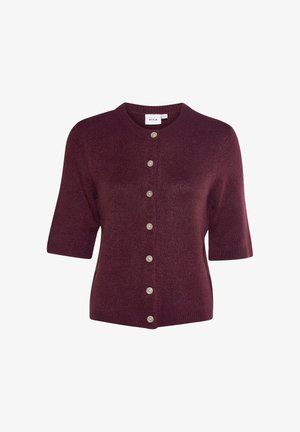 Bordeaux-farbene Kurzarm-Cardigan aus strukturiertem Strickstoff, mit rundem Halsausschnitt und sechs hellen Knöpfen auf der Vorderseite.