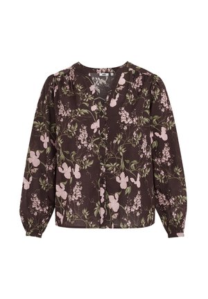 Blusa marrón de manga larga con estampado floral en rosa y verde, escote en V, abotonadura frontal y hombros ligeramente abullonados.