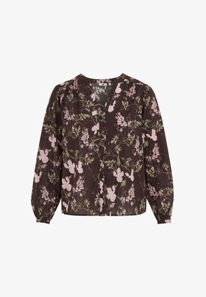 Hnedá blúzka s dlhým rukávom s ružovo-zeleným kvetinovým vzorom, výstrih do V, zapínanie na gombíky vpredu a mierne nafúknuté ramená.