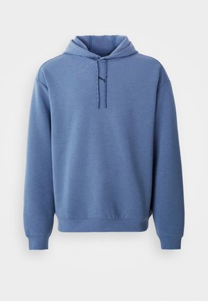 Sweat à capuche bleu avec cordons de serrage à l'avant et manches longues, présenté sur fond blanc.