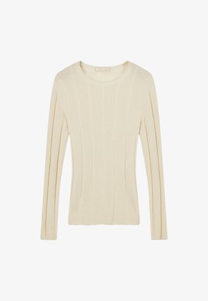 Cremefarbene Langarmbluse aus geripptem Stoff. Mit Rundhalsausschnitt und vertikalem Streifenmuster entlang der Ärmel.