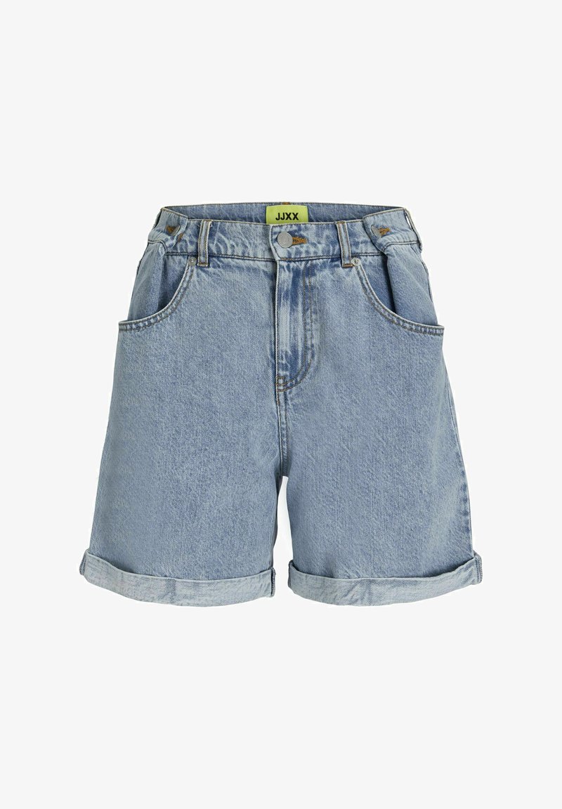 Denim kratke hlače u svijetloplavoj boji s visokim strukom, prevrnutim manžetama, četiri džepa i žutom etiketom na struku. Klasičan dizajn s pet džepova.