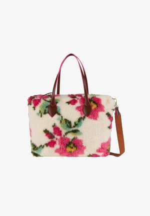 Bloemen draagtas met een zachte, crèmekleurige sherpa buitenkant, voorzien van roze, blauwe en groene bloemenpatronen; bruin leren handvatten en accenten.