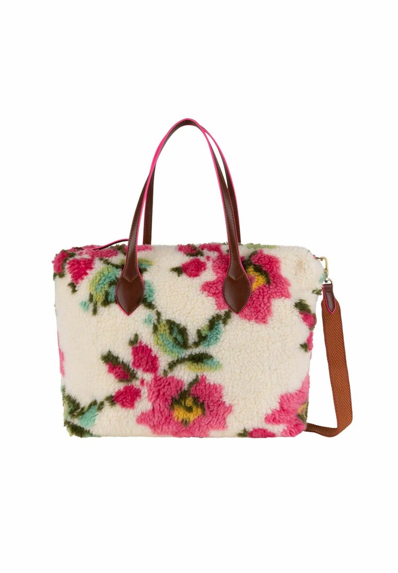 Bloemen draagtas met een zachte, crèmekleurige sherpa buitenkant, voorzien van roze, blauwe en groene bloemenpatronen; bruin leren handvatten en accenten.