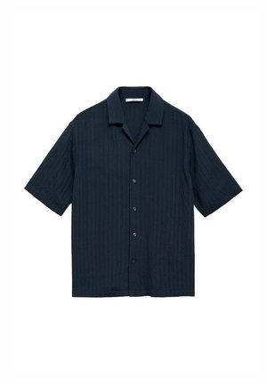 Camicetta a maniche corte e bottoni di colore blu navy scuro con texture a coste. Presenta un colletto classico e cinque bottoni sul davanti.