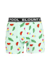 Boxers verts menthe avec un imprimé ludique de pastèques, de sucettes glacées et d'alligators, dotés d'une ceinture élastique noire étiquetée "POOL BLOUNT &".